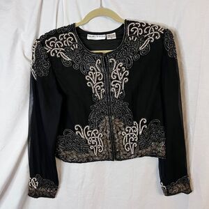 Night Vogue Vintage Beaded and Faux pearl‎ Black Silk Jacket Size Medium